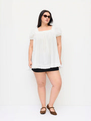 Cotton-blend Square Neck Ruffle Knotted Oversized Blouse Curve & Plus