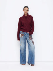 Cable Knit Turtleneck Heart Sweater