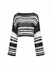 Knit Striped Boat Neck Hollow Out See-through Oversized Crop Top