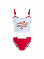 Tomato Graphic Scoop Neck Contrast Binding High Stretch Tankini Bikini Set