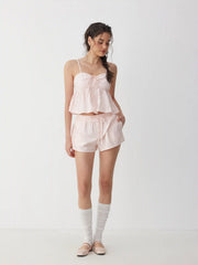 Cotton-blend Striped Bowknot Cami Top & Mid Rise Striped Shorts Set