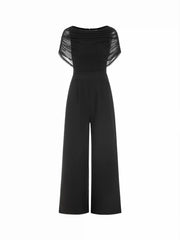 Mesh Boat Neck Ruched Mid Rise Straight Leg Jumpsuit