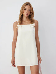 Linen-blend Square Neck Bowknot Oversized Smock Mini Dress