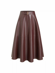 Faux Leather Mid Rise Belted Zipper Midi Skirt