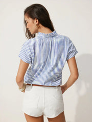 Cotton-blend Striped V-neck Ruffled Collar Sleeveless Bodysuit