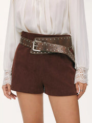 Corduroy Mid Rise Shorts With Belt