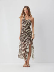 Mesh Zebra Striped Halter Neckline Asymmetric Draped Maxi High-Low Dress
