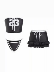 Number 23 Graphic Contrast Binding Bowknot Bandeau Bikini Set With Ruffle Skirt
