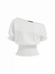Cotton-blend Asymmetrical Neck Ruffled Sleeve Shirred Oversized Tee