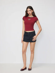 Cotton-blend Leopard Heart Applique Short Sleeve Tee