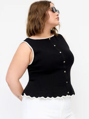 Knit Boat Neck Contrast Trim Ruffled Hem Metal Button Vest Curve & Plus
