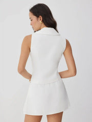 Linen-blend Shawl Collar Vest & Mid Rise Pleated Mini Skirt Set