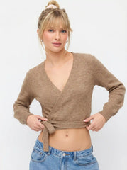 Knitted V-neck Solid Knotted Wrap Cardigan