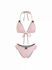 Halter Neckline Polka Dot Bowknot Ruffle Hem Triangle Bikini Set