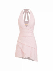 Lace Halter Neckline Asymmetrical A-line Mini Dress