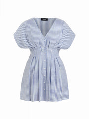 Cotton-blend V-neck Stripe Pleated Cinched Waist Mini Dress Curve & Plus