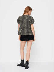 Denim Leopard Print Tie Front Ruffle Puff Sleeve Oversized Blouse