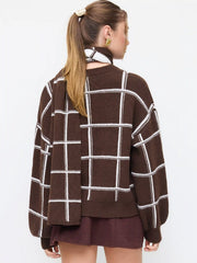 Knit Wool-blend Check Round Neckline Long Sleeve Top With Scarf