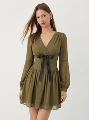 Chiffon V-Neck Puff Sleeve Bowknot Flared Mini Dress
