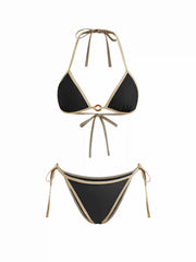 V-neck Contrasting Binding O-ring Halter Tie Side Bikini Set