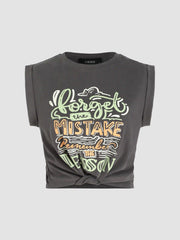 Round Neckline Graphic Knotted Crop Top