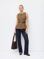 Wool-look Metal Button Round Neckline Blazer Vest With Belt