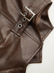 Faux Leather Asymmetrical Neck Metal Detail Zip Through Tank Top