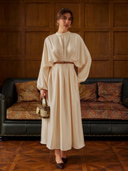 Stand Collar Pleated Cinched Waist Long Sleeve Maxi Dress