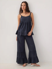 Linen-blend Sweetheart Ruffle Cami Top & Mid Rise Wide Leg Trousers Set