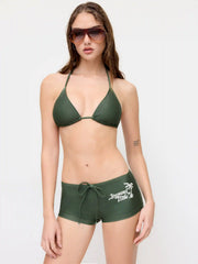 Halter Neckline Tropical Palm Graphic Triangle Top & Low Rise Drawstring Shorts Bikini Set