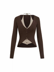 Knit Two Tone Halter Neckline Long Sleeve Button Top