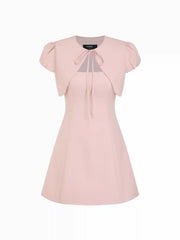 Puff Sleeve Bowknot Shrug & Mid Rise A-line Mini Dress Set