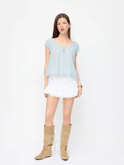 Textured Scoop Neck Drawstring Lace Trim Oversized Top