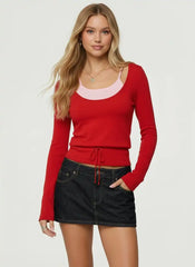 Knit U-neckline Knotted Top & Floral Trim Cami Top