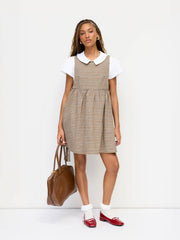 Flannel Round Neckline Tartan Tie Side Knotted Ruffle Hem Mini Dress