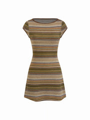 High Stretch Textured Striped Boat Neck Short Sleeve Colorblock A-line Mini Dress