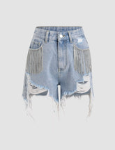 Diamond Tassels Ripped Denim Shorts