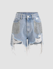 Diamond Tassels Ripped Denim Shorts