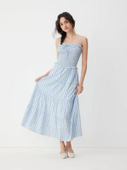 Gingham Strapless Shirred Knotted Ruffle Trim Tiered Maxi Dress