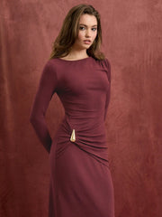 Round Neckline Long Sleeve Metal Button Ruched Maxi Dress