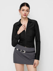 Collar Ruched Zip Through Long Sleeve Top
