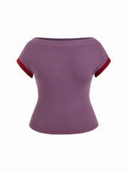 Boat Neck Stripe Contrasting Binding Short Sleeve Tee Curve & Plus
