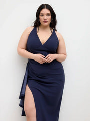 V-neck Asymmetrical Ruffle Hem Maxi Dress Curve & Plus
