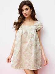 Floral Embroidery Puff Sleeve Tie Back Oversized Babydoll Mini Dress