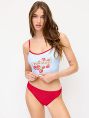 Tomato Graphic Scoop Neck Contrast Binding High Stretch Tankini Bikini Set