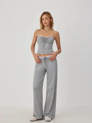 Cotton-blend Drawstring Bandeau Top & High Rise Wide Leg Trousers Set
