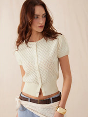 Knit Pointelle Puff Sleeve Scarf Tie Cardigan