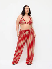 High Stretch Striped Halter Triangle Top & Mid Rise Wide Leg Pants Bikini Set Curve & Plus