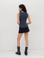 Round Neckline Stripe Button Through Tank Top
