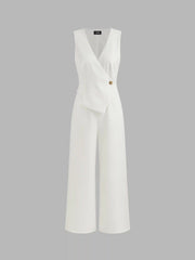 V-neck Solid Wrap Vest Jumpsuit